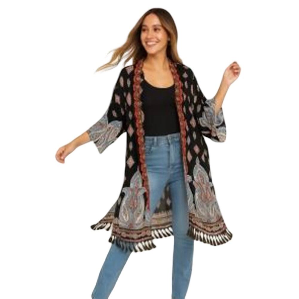 Umgee Black Paisley Print Kimono Embroidered Trim Tasseled Hemline Size M/L Boho